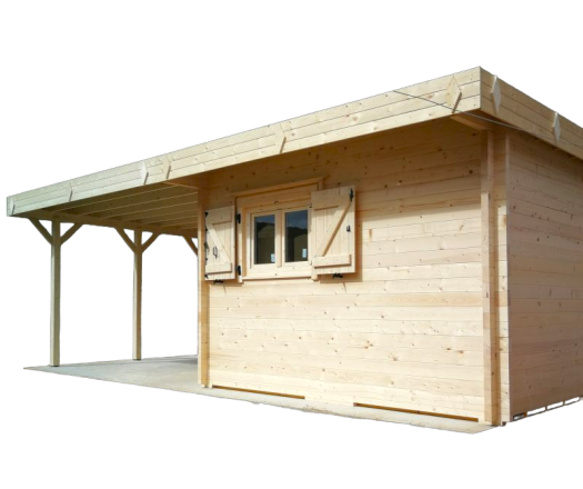 Abri Erden avec bucher, Madriers épicéa 60mm, 5.30 x 4.80m, 25.30m² - ER5040.02B