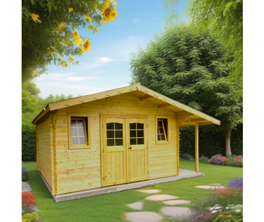 Abri Balmont avec bûcher configurable, Madriers épicéa 28mm, 4.0 x 3.0m, 12m²