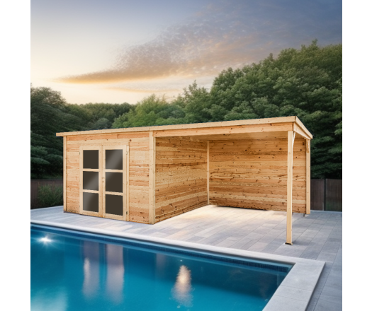 Abri Poolhouse Napoli avec bucher, Epicéa Madriers 42 mm, 6.20 x 3.20m, 19.80m²