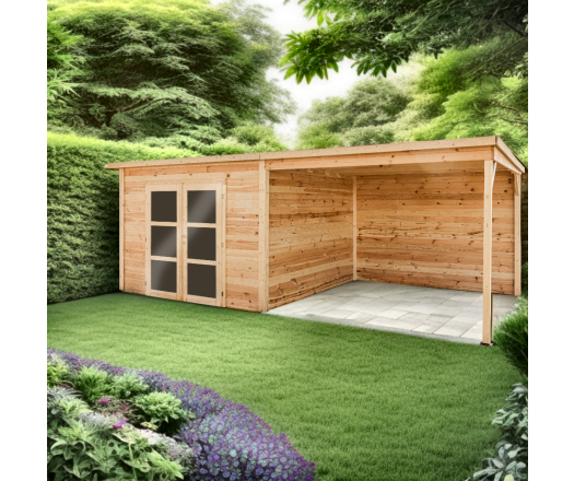 Abri Poolhouse Bahia avec bucher, Epicéa Madriers 28mm, 6.20 x 3.20m, 19.80m²