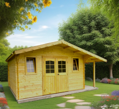 Abri Balmont avec bûcher configurable, Madriers épicéa 28mm, 4.0 x 3.0m, 12m²