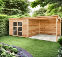 Abri Poolhouse Bahia avec bucher, Epicéa Madriers 28mm, 6.20 x 3.20m, 19.80m²