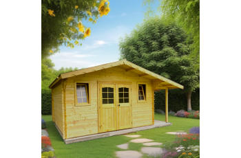 Abri Balmont avec bûcher configurable, Madriers épicéa 28mm, 4.0 x 3.0m, 12m²
